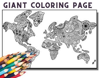 World Map Coloring Page, Classroom Geography, Learn Geography, Abstract art, Floral Coloring page for Adult, World Map PNG, World Map Poster
