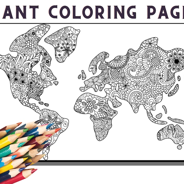 World Map Coloring Page, Classroom Geography, Learn Geography, Abstract art, Floral Coloring page for Adult, World Map PNG, World Map Poster