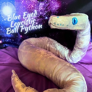 Op de afbeelding: Een pluche, witte, leucistische ball python met blauwe ogen. De slang ligt opgerold op een paarse stoffen achtergrond. De tekst "Blue Eyed Leucistic Ball Python" is zichtbaar in de linkerbovenhoek van de afbeelding.