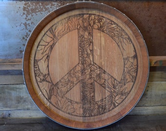 Floral Peace Sign Custom Wine Barrel Head/Lazy Susan/Clock/Wall Art/Wall Hanging/Laser Engraved/Laser Engraving/Wedding Gift/Free Shipping