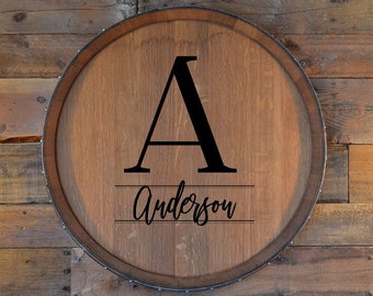 Personalized Family Monogram Reclaimed Wine Barrel Head/Lazy Susan/Clock/Wall Art/Wall Hanging/Laser Engraved/Christmas Gift/Free Shipping