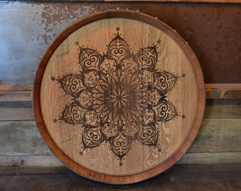 Mandala Custom Wine Barrel Head/Lazy Susan/Clock/Wall Art/Wall Hanging/Laser Engraved/Laser Engraving/Wedding Gift/Free Shipping
