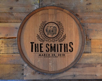Personalized Reclaimed Wine Barrel Head/Lazy Susan/Clock/Wall Art/Wall Hanging/Laser Engraved/Laser Engraving/Wedding Gift/Free Shipping