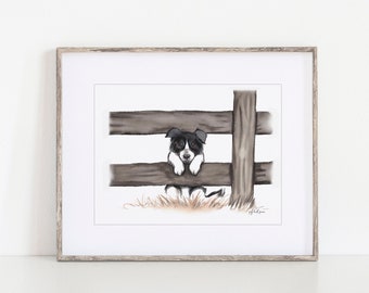 Impressão artística em aquarela de um Collie curioso, com olhos de cachorrinho (download digital)