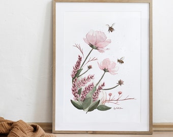Impressão em aquarela de flores silvestres – Arte floral rosa com abelha (Download digital)