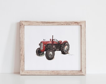 Aquarelkunst Fergie, rode tractor en Willy kwikstaart (digitale download)