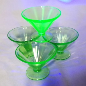 Set of 4 Federal UV Green Glass Paneled Sherbets
