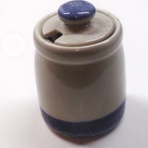 May include: A ceramic sugar bowl with a lid and a small handle. The bowl is a light beige color with a dark blue band at the bottom and a dark blue knob on the lid. The lid has a small notch for a spoon.