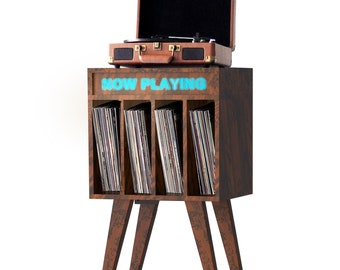 Mid Century Record Player Stand with Storage, Now Playing Vinyl Record Storage Table, Turntable Stand Cabinet