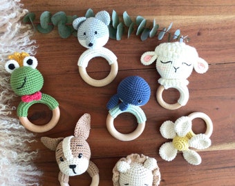 Baby rattle personalized deer fox rabbit Easter gift birth wooden toy baptism gender party baby shower teething ring baby gift