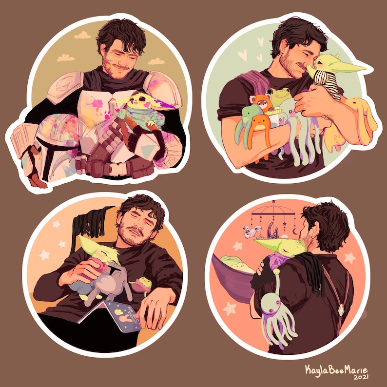 May include: Four illustrations of a man holding various plush toys. The man is depicted in different poses and settings. The toys include a green frog, a purple octopus, a pink and white creature, and a green and white creature.