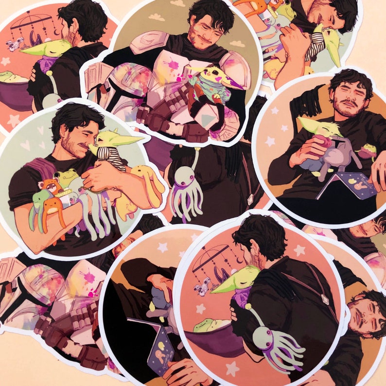 May include: A set of nine round stickers featuring a cartoon character with brown hair and a black shirt holding various plush toys. The toys include a green alien, a purple octopus, a pink bunny, and a green frog. The stickers have a white border and a light pink background with white stars.