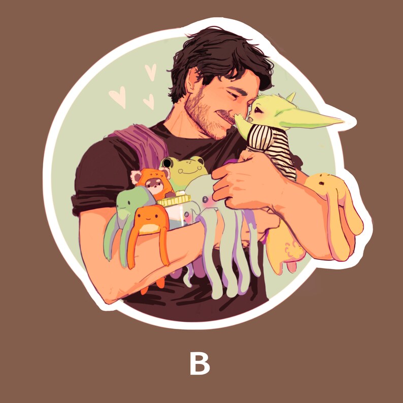May include: A man with dark hair and a beard is holding a variety of plush toys, including a green octopus, a green frog, a yellow and orange frog, a brown and white bunny, and a green and white creature with a striped shirt. The man is smiling and looking at the camera.
