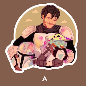 May include: A watercolor-style illustration of a man in a white and black Mandalorian armor holding a small, green, and yellow creature. The man is smiling and looking down at the creature. The background is a light brown color with clouds.