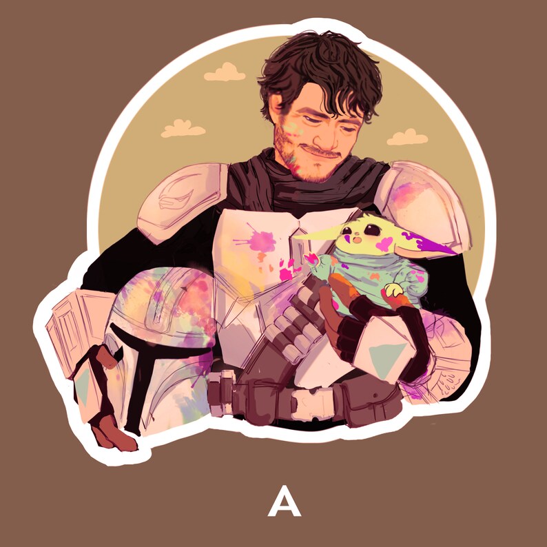 May include: A watercolor-style illustration of a man in a white and black Mandalorian armor holding a small, green, and yellow creature. The man is smiling and looking down at the creature. The background is a light brown color with clouds.