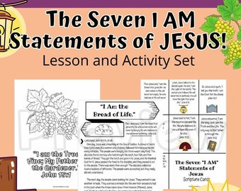 May include: A colorful printable lesson and activity set for teaching about the seven "I AM" statements of Jesus. The set includes coloring pages, scripture cards, and other activities. The title of the set is "The Seven I AM Statements of JESUS! Lesson and Activity Set".