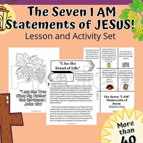 Sieben "Ich bin" Aussagen von Jesus für Kinder (Printable, Sonntagsschule, Kinderkirche, christliches Klassenzimmer, VBS)