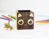 Cat Walnut Wood Pen Holder Inlay Pencil Cup Organizer Cat lover gift