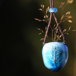 Puede incluir: Un pequeño colgante azul en forma de huevo con una superficie texturizada, suspendido de un cordón oscuro. El colgante contiene unas ramitas de hierba seca. Una pequeña cuenta azul está en la parte superior del cordón.