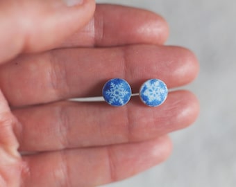 Boucles d'oreilles paillettes / porcelaine cyanotype