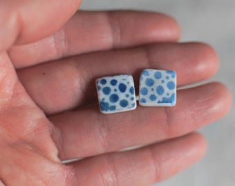 Boucles d'oreilles Bulles / Porcelaine cyanotype