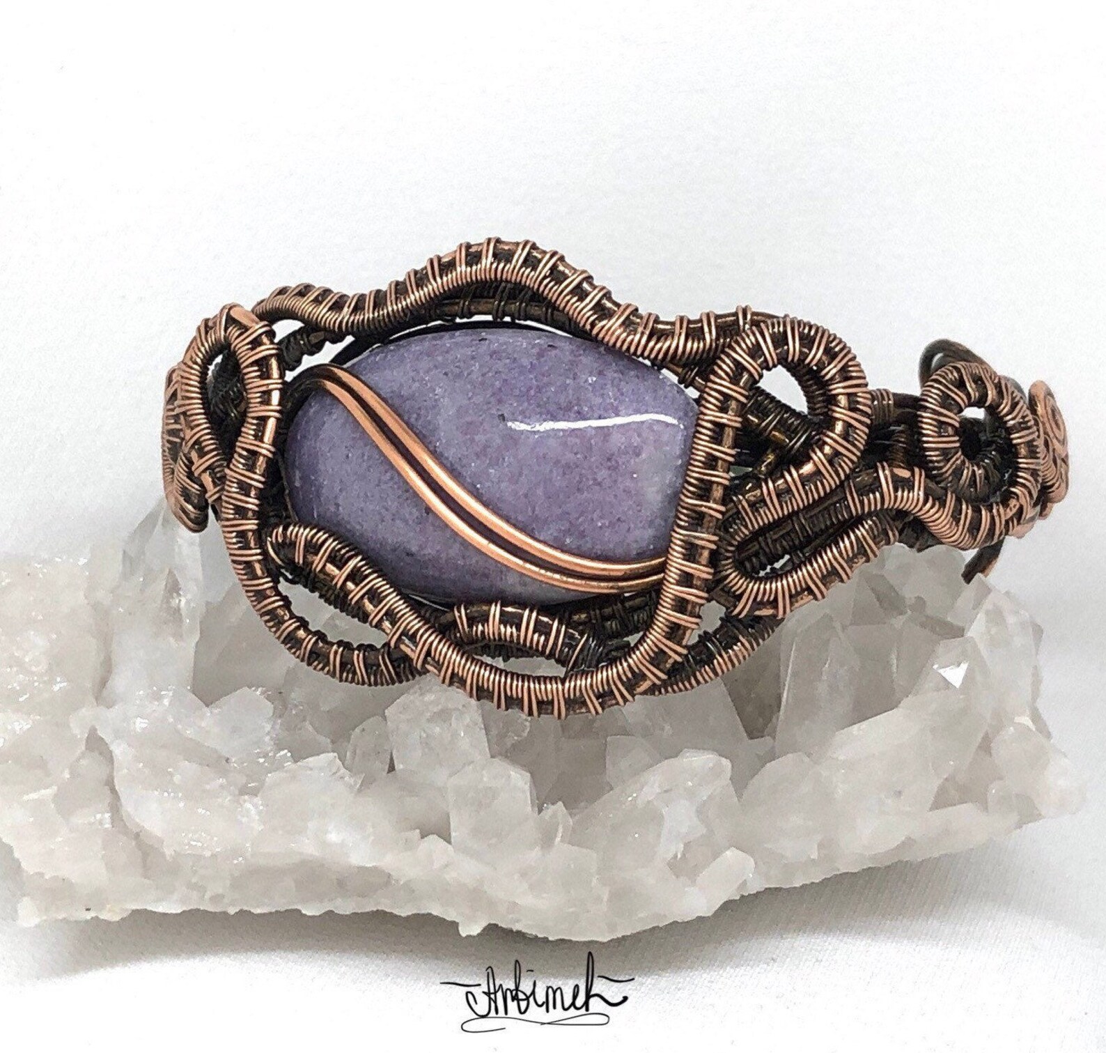 Wire wrapped Lepidolite stone Bracelet. NonTarnish copper