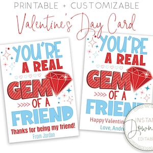 Puede incluir: Tarjeta de San Valentín imprimible con una gema roja y el texto "Eres una verdadera joya de amigo". La tarjeta es personalizable e incluye espacio para un nombre y un mensaje.