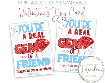 Du bist ein echter Edelstein eines Freundes Valentine, druckbare Valentines, Klassenzimmer Valentines, Kinder Valentines für die Schule, Ring Pop Valentine