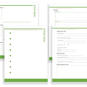 May include: A printable planner with sections for meal ideas, snack ideas, activity ideas, and a quick page for important information. The planner has a green and white color scheme.