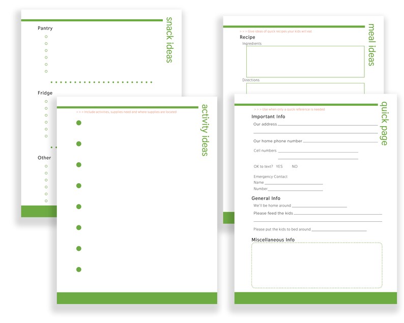 May include: A printable planner with sections for meal ideas, snack ideas, activity ideas, and a quick page for important information. The planner has a green and white color scheme.