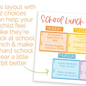 Puede incluir: Un planificador de men&uacute; de almuerzo escolar imprimible con dos opciones de almuerzo para cada d&iacute;a de la semana. Los d&iacute;as de la semana est&aacute;n listados en un patr&oacute;n de arco&iacute;ris colorido. El men&uacute; incluye opciones como s&aacute;ndwich de mantequilla de man&iacute; y jalea, nuggets de pollo, lasa&ntilde;a y pizza.