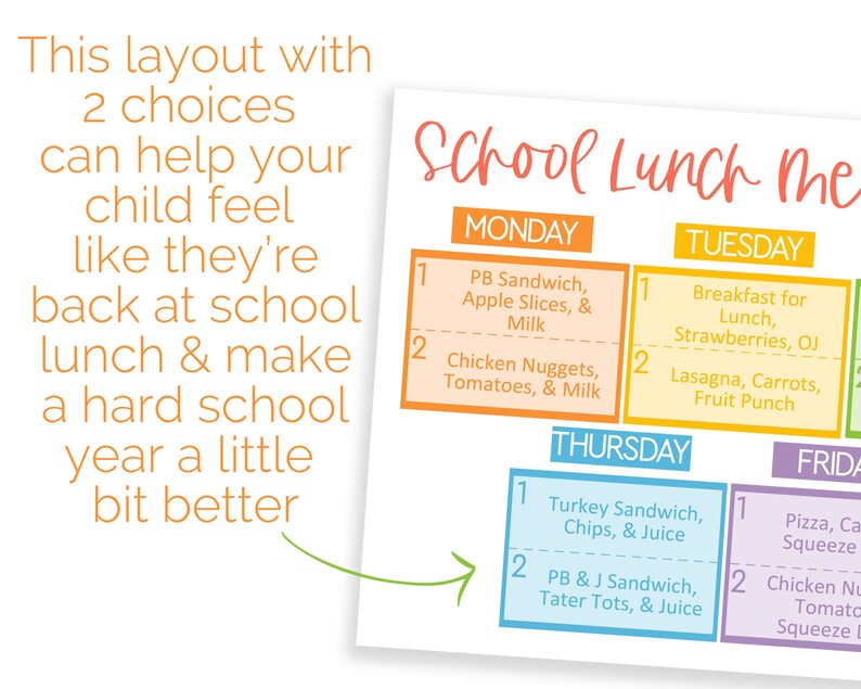 Puede incluir: Un planificador de men&uacute; de almuerzo escolar imprimible con dos opciones de almuerzo para cada d&iacute;a de la semana. Los d&iacute;as de la semana est&aacute;n listados en un patr&oacute;n de arco&iacute;ris colorido. El men&uacute; incluye opciones como s&aacute;ndwich de mantequilla de man&iacute; y jalea, nuggets de pollo, lasa&ntilde;a y pizza.