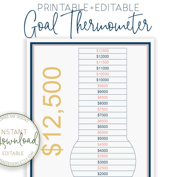 Printable Debt Payoff Thermometer, Debt Tracker, Goal Thermometer, Editable