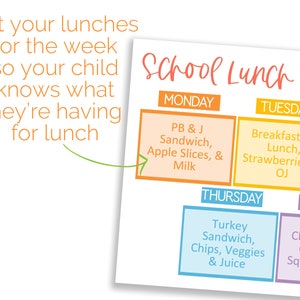 Puede incluir: Un gr&aacute;fico imprimible colorido con el texto "School Lunch Menu" y una lista de ideas para el almuerzo para cada d&iacute;a de la semana. Los d&iacute;as de la semana son lunes, martes, jueves y viernes. Las ideas para el almuerzo incluyen s&aacute;ndwich de PB & J, rodajas de manzana, leche, desayuno para el almuerzo, fresas, jugo de naranja, s&aacute;ndwich de pavo, papas fritas, verduras y jugo, y pizza de queso, zanahorias y bebida exprimida.