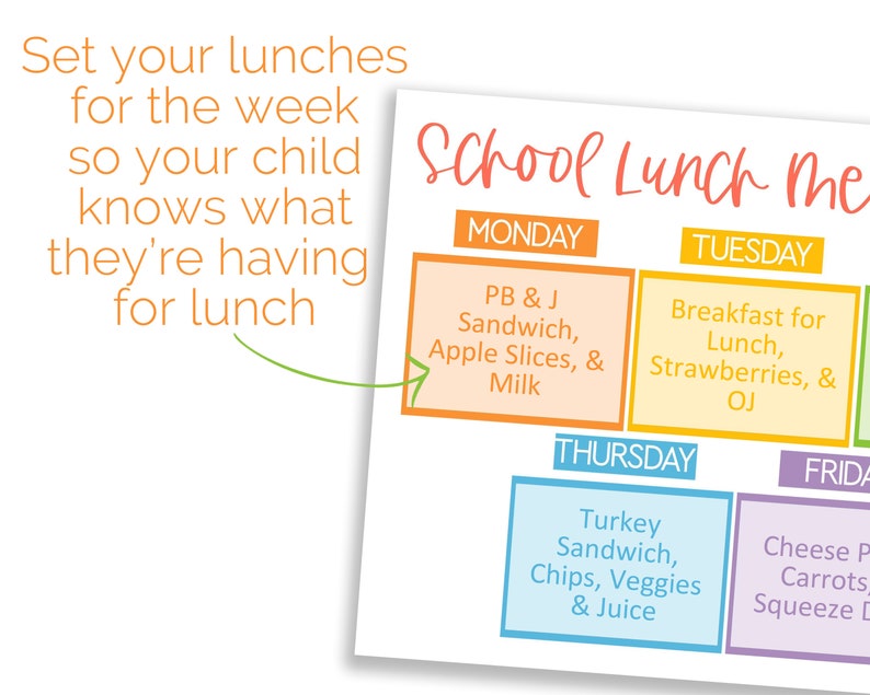 Puede incluir: Un gr&aacute;fico imprimible colorido con el texto "School Lunch Menu" y una lista de ideas para el almuerzo para cada d&iacute;a de la semana. Los d&iacute;as de la semana son lunes, martes, jueves y viernes. Las ideas para el almuerzo incluyen s&aacute;ndwich de PB & J, rodajas de manzana, leche, desayuno para el almuerzo, fresas, jugo de naranja, s&aacute;ndwich de pavo, papas fritas, verduras y jugo, y pizza de queso, zanahorias y bebida exprimida.