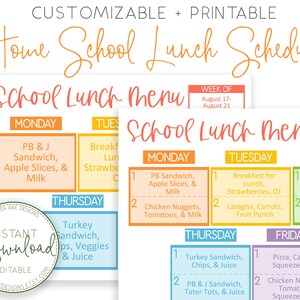 Puede incluir: Una plantilla de horario de almuerzo para la escuela en casa imprimible con un dise&ntilde;o colorido. El horario incluye un men&uacute; semanal de lunes a viernes con ideas de almuerzo de muestra para cada d&iacute;a. El texto "School Lunch Menu" aparece en una fuente grande en la parte superior de la p&aacute;gina.