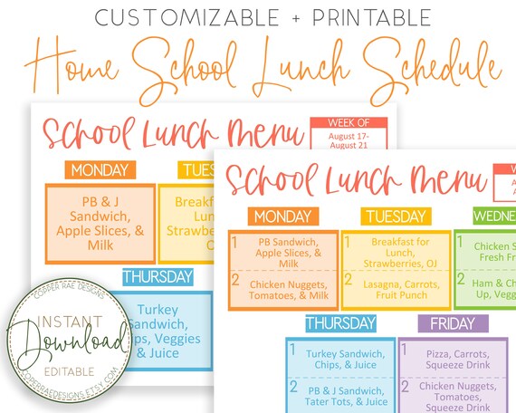 Home School Planner- School Lunch Planner - Home School Printables - School Lunch Calendar