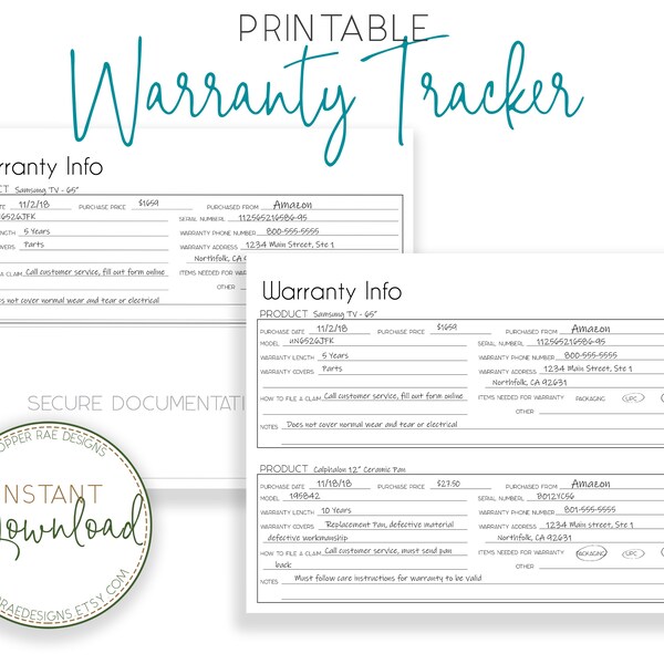 Printable Warranty Tracker, Household Organizer, Warranty Log, Home Warranty Tracker