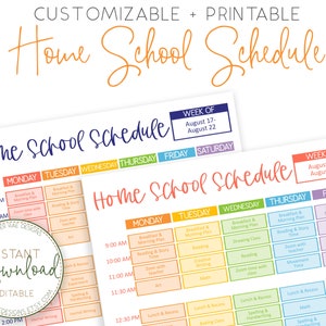 K&ouml;nnte beinhalten: Eine druckbare Homeschool-Zeitplanvorlage mit einem farbenfrohen Regenbogen-Design. Der Zeitplan ist anpassbar und enth&auml;lt einen Wochenkalender mit Wochentagen und Zeitfenstern f&uuml;r Aktivit&auml;ten. Der Text "Home School Schedule" wird in einer gro&szlig;en, fetten Schrift angezeigt.
