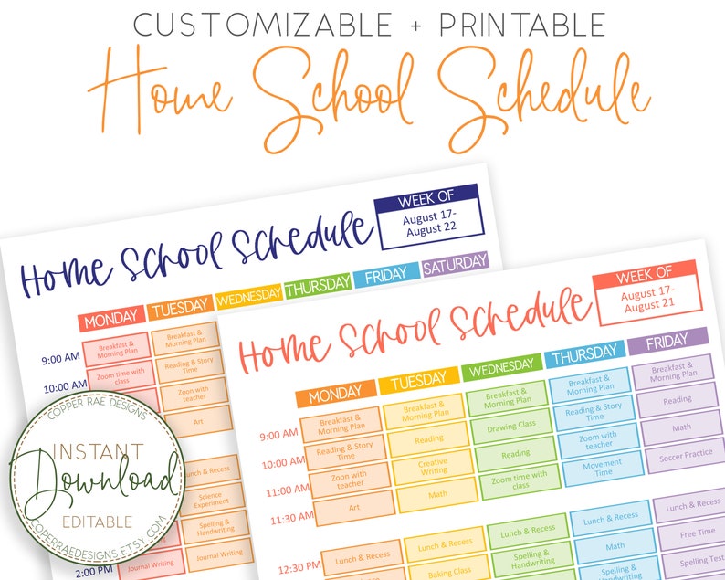 K&ouml;nnte beinhalten: Eine druckbare Homeschool-Zeitplanvorlage mit einem farbenfrohen Regenbogen-Design. Der Zeitplan ist anpassbar und enth&auml;lt einen Wochenkalender mit Wochentagen und Zeitfenstern f&uuml;r Aktivit&auml;ten. Der Text "Home School Schedule" wird in einer gro&szlig;en, fetten Schrift angezeigt.