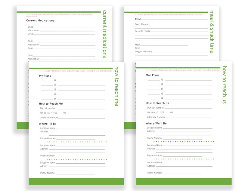 May include: A printable checklist for planning a trip with children. The checklist includes sections for current medications, how to reach the person, and meal and snack time.