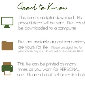 May include: Green text on a white background reads "Good to Know". Three icons with text explain that this item is a digital download, files are available immediately, and the file can be printed as many times as you want for personal use.  Please do not sell or re-distribute.