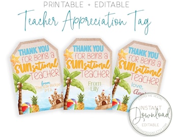 EDITABLE Sun-Sational Teacher, Printable Teacher Appreciation Summer Gift Tag, Teacher Gift Tag, PTA Gift Tag