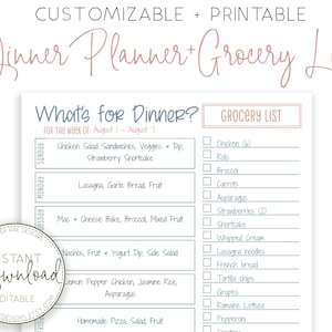 May include: A printable dinner planner and grocery list with a pink and blue color scheme. The planner includes a section for meals for the week of August 1st to August 7th. The grocery list includes items such as chicken, rolls, broccoli, carrots, asparagus, strawberries, shortcake, whipped cream, lasagna noodles, French bread, tortilla chips, grapes, romaine lettuce, and pepperoni.
