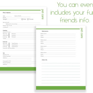 May include: A printable pet care log with sections for pet's name, feeding, exercise, vet information, medications, and other info. The log has a green border and the text "pet care" is written vertically on the right side of the page.