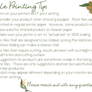 May include: A white document with green text providing file printing tips. The text includes advice on printer settings, paper selection, and cutting techniques. Decorative floral elements are present in the corners.