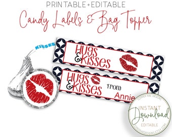 Kisses Labels with Customizable Bag Topper, Valentines Day Candy Bar Wrappers, Kids Valentines for School