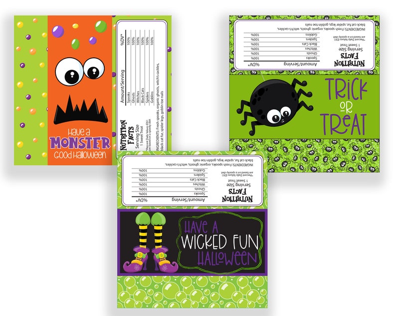 May include: Three printable Halloween treat bag designs. The first design features a green and orange monster with the text "Have a Monster Good Halloween". The second design features a black spider on a green background with the text "Trick or Treat". The third design features a witch's legs with purple shoes and green bubbles on a green background with the text "Have a Wicked Fun Halloween".