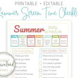 Summer Daily Schedule - Screen Time Rules - Screen Time Checklist - Chore List