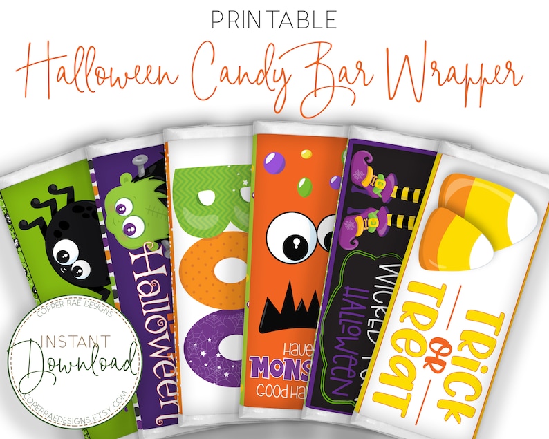 May include: Printable Halloween candy bar wrappers with different designs.  The designs include a spider, a monster, a ghost, a monster with a crown, witches, and candy corn.  The text on the wrappers says "Trick or Treat", "Wicked Halloween", "Have a Monster Good Halloween", "Boo", and "Halloween".